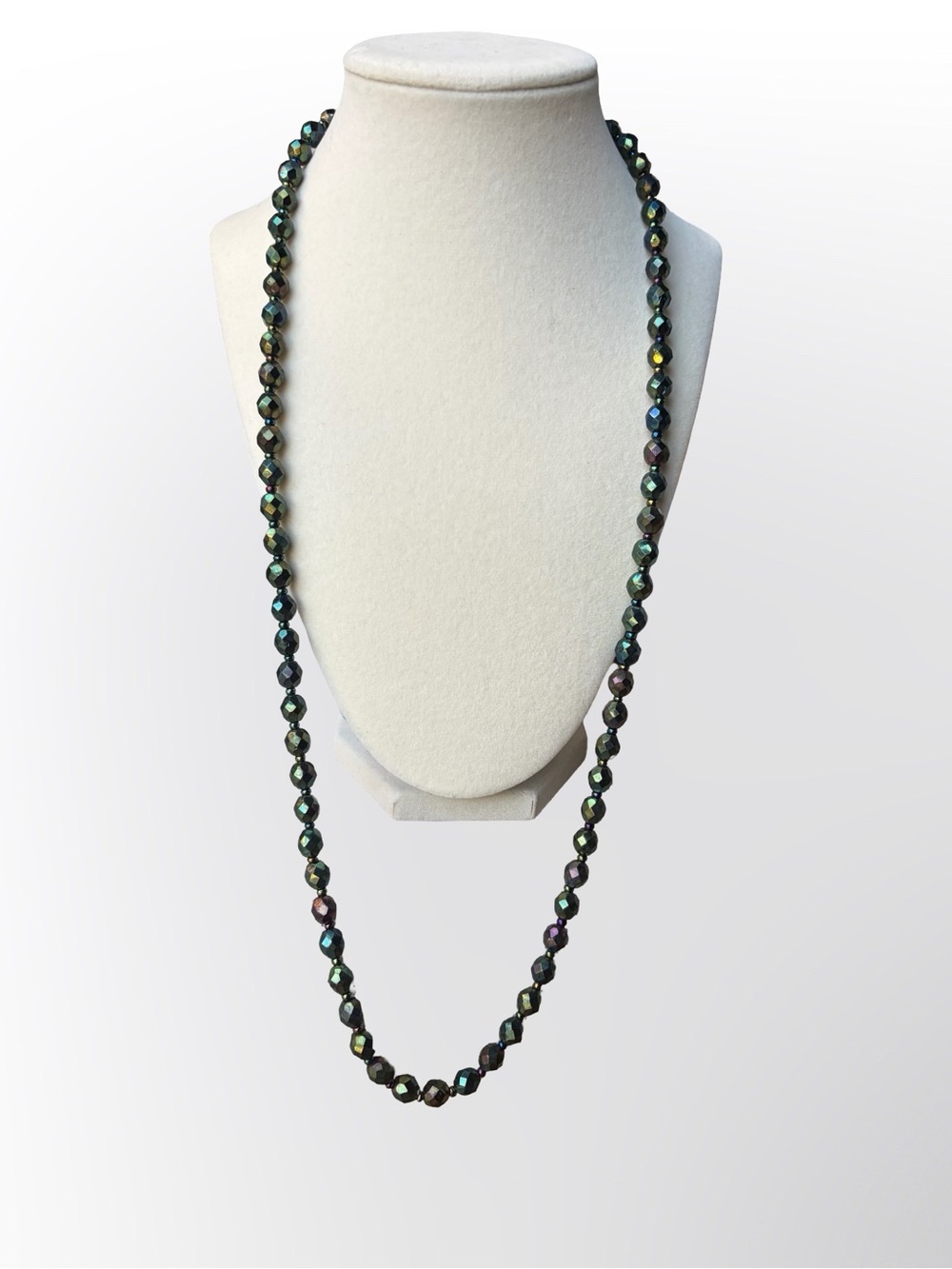 Vintage 1950s Czechoslovakian Iridescent Peacock Glass Beaded Long Necklace